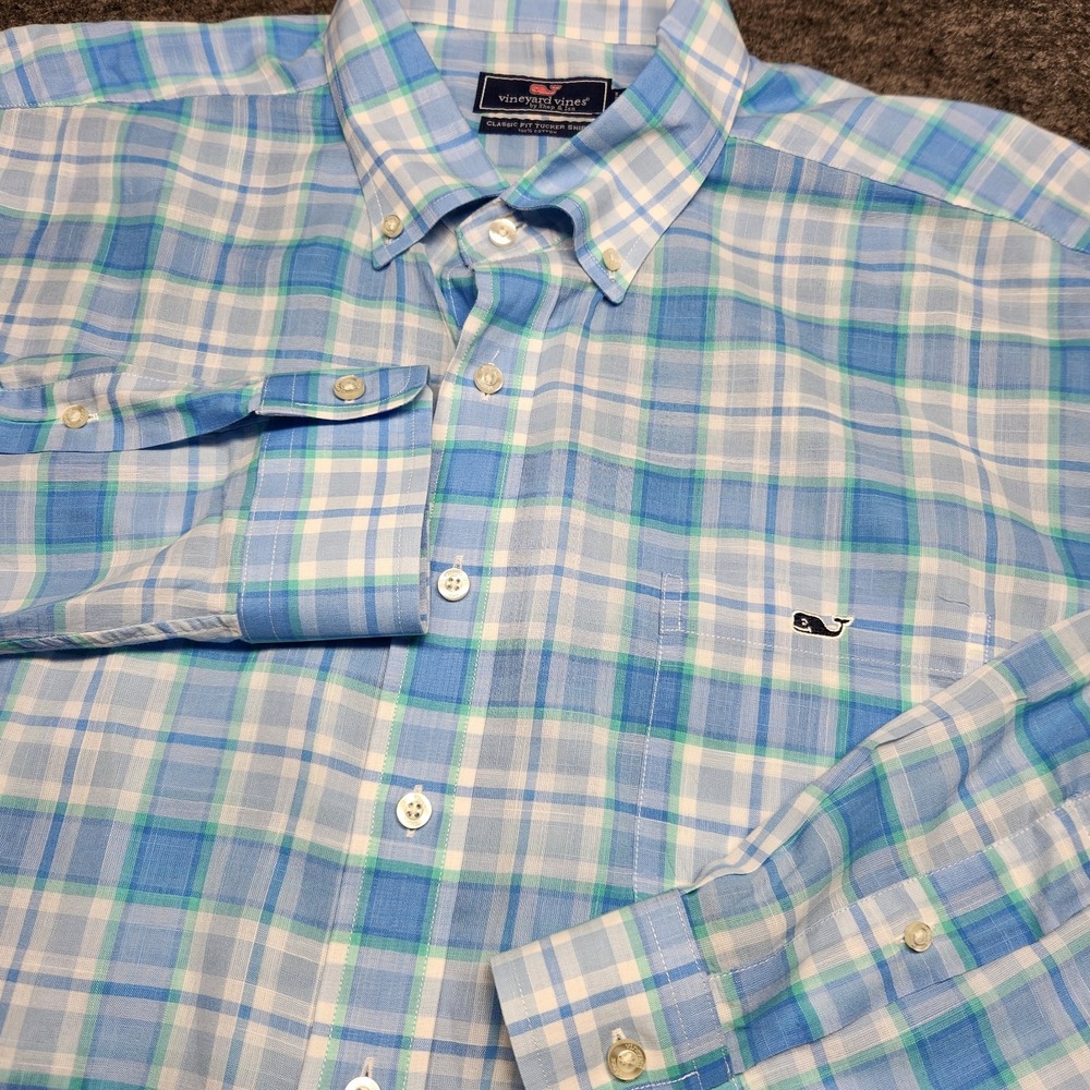 Vineyard Vines Classic Fit Tucker Aqua Plaid Button Down Long Sleeve Shirt XXL